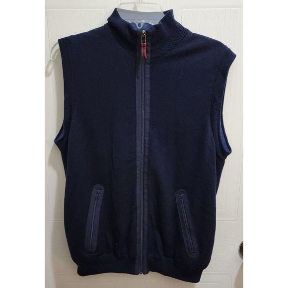 Talbots Mens Navy Blue Sleeveless Vest With Pockets Pima Cotton Full Zip Casual - Picture 1 of 8